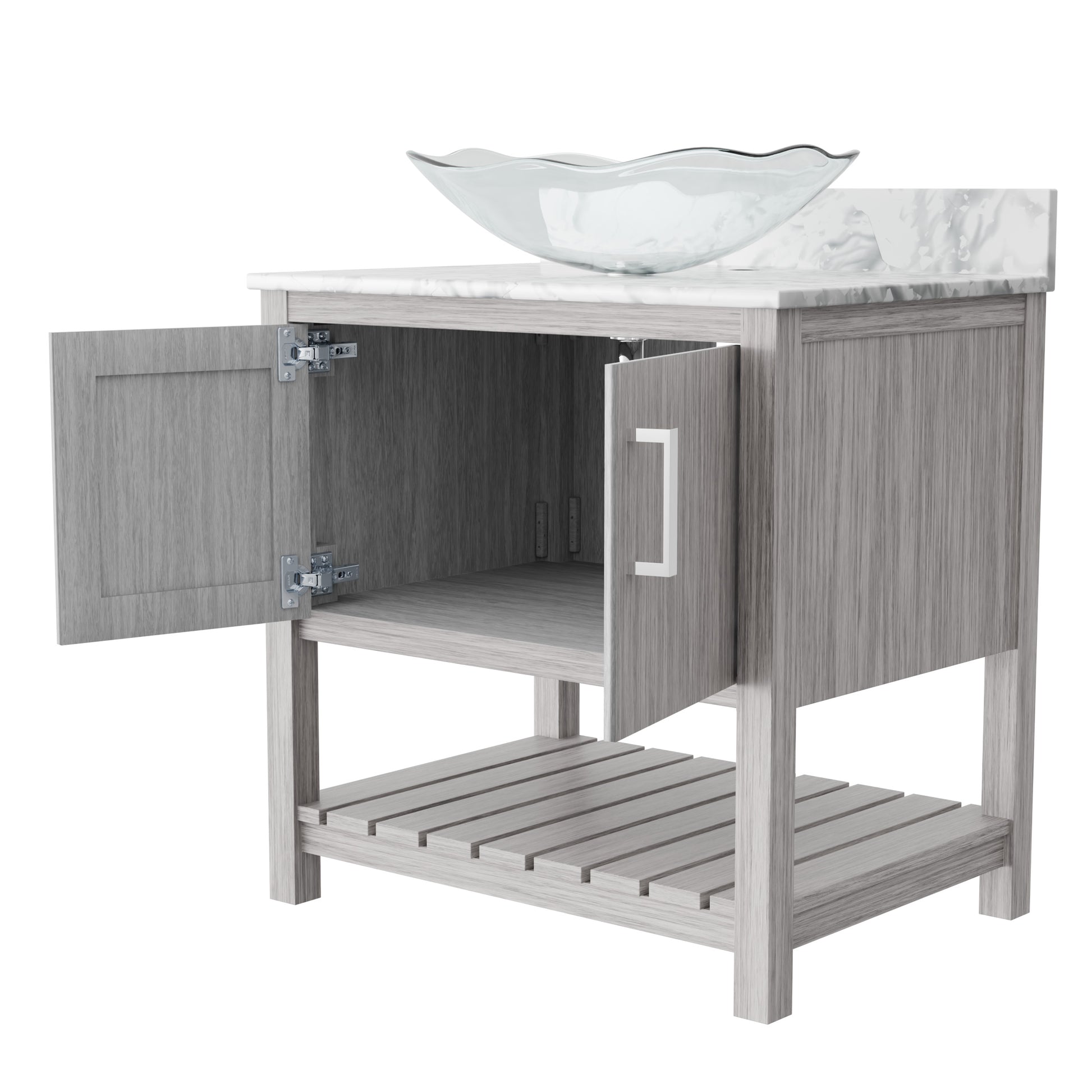 30-inch Novatto bath vanity with Carrara white marble countertop and sink, showcasing a sleek bathroom accessory design.