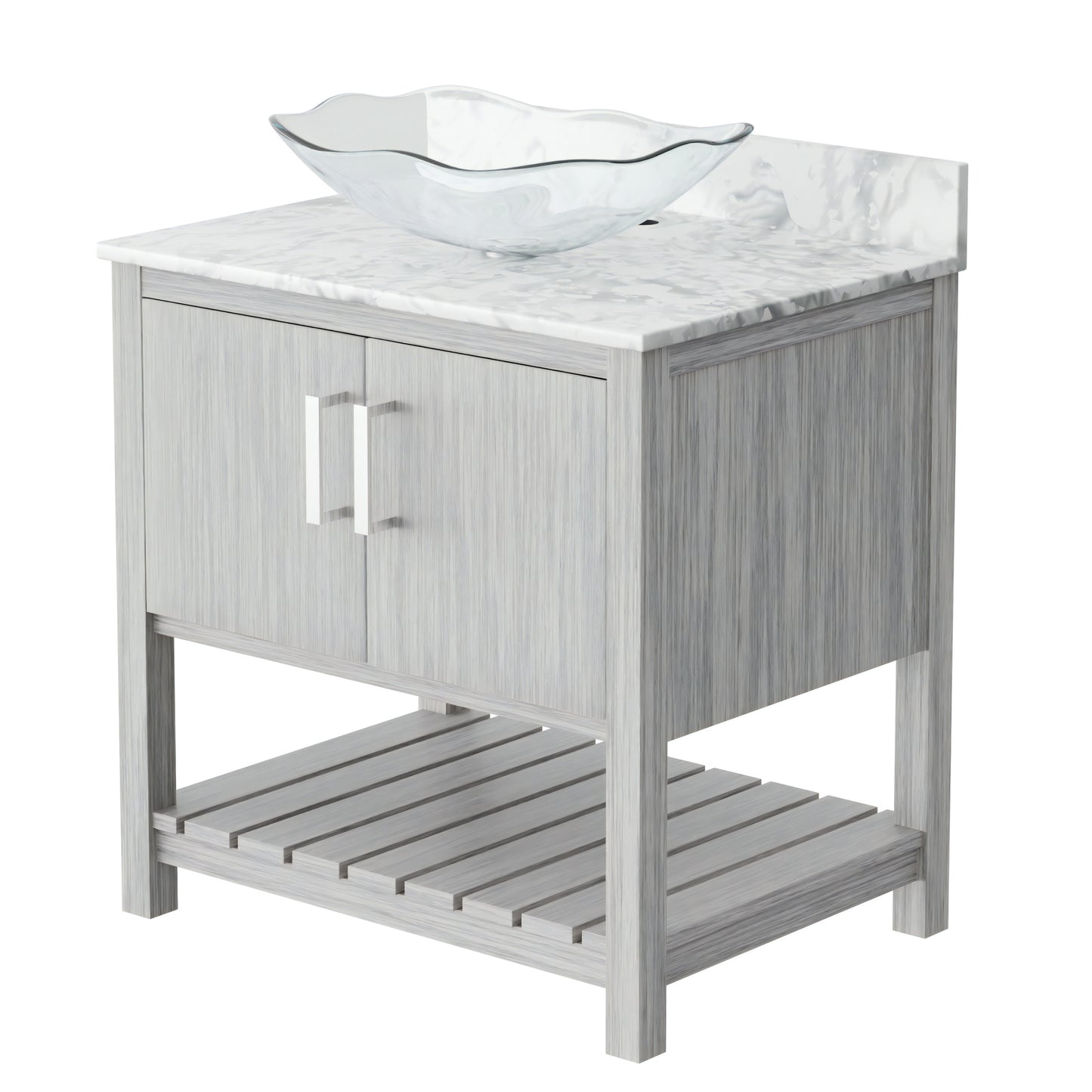 30-inch Novatto bath vanity with Carrara white marble counter and integrated sink, showcasing sleek bathroom accessory design.