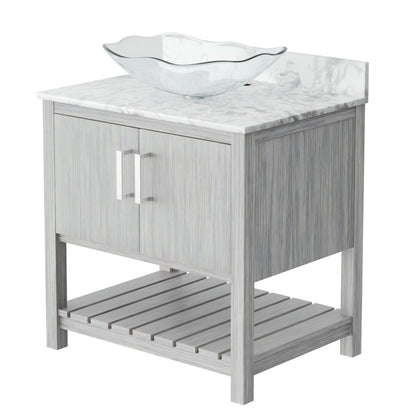 30-inch Novatto bath vanity with Carrara white marble counter and integrated sink, showcasing sleek bathroom accessory design.
