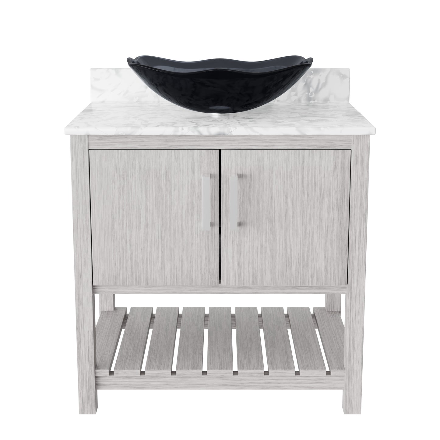 30-inch Novatto bathroom vanity with Carrara white marble counter and sink, showcasing a modern accessory with elegant marble surface.