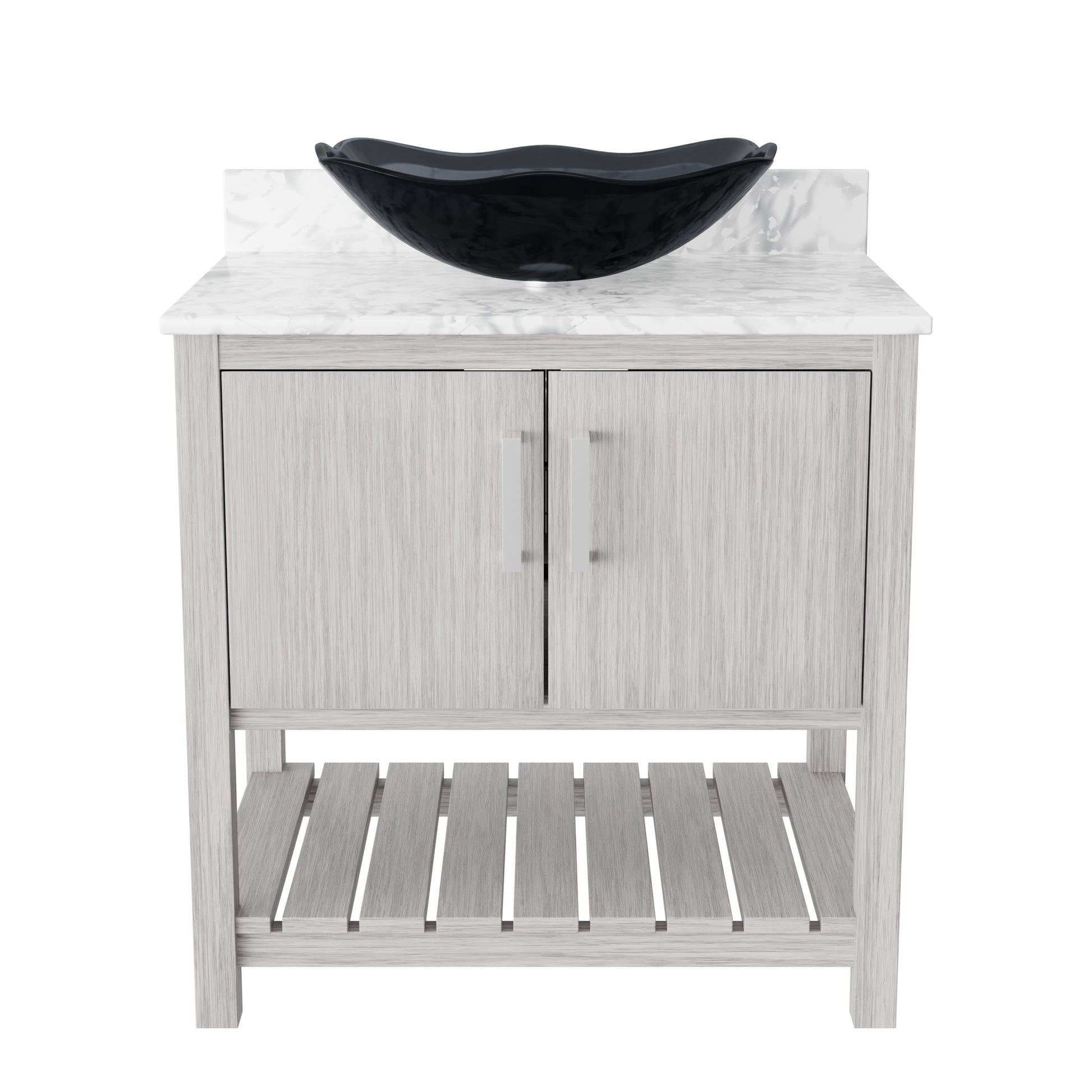 30-inch Novatto bathroom vanity with Carrara white marble counter and sink, showcasing a modern accessory with elegant marble surface.