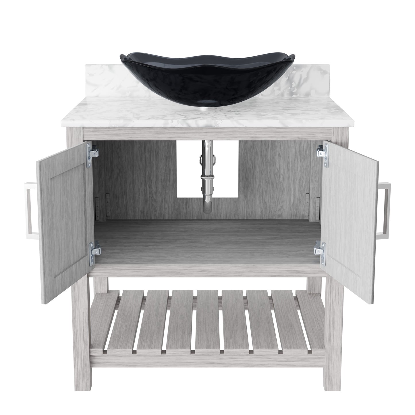 30-inch Novatto bathroom vanity with Carrara white marble counter and integrated sink, showcasing elegant white marble surface.