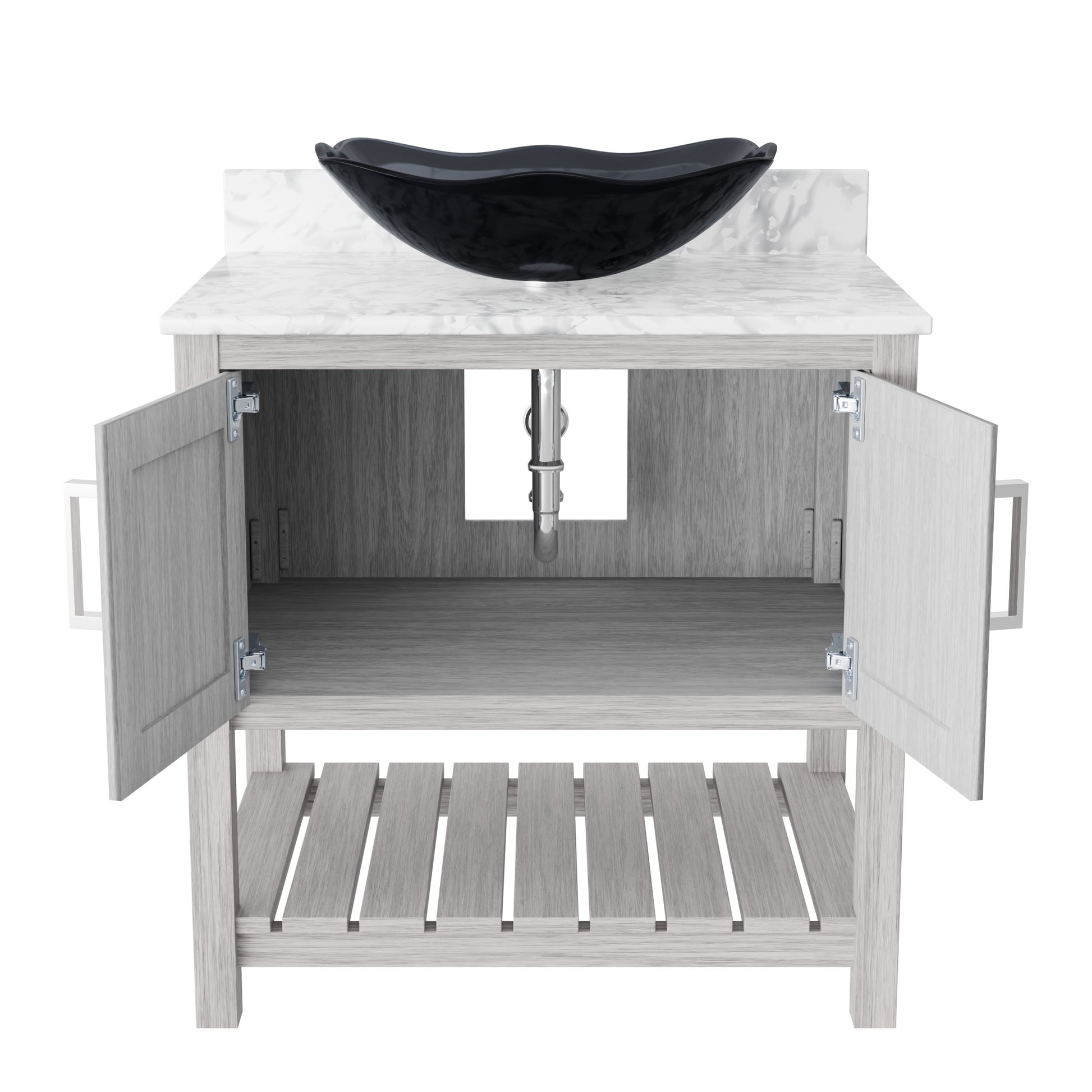 30-inch Novatto bathroom vanity with Carrara white marble counter and integrated sink, showcasing elegant white marble surface.