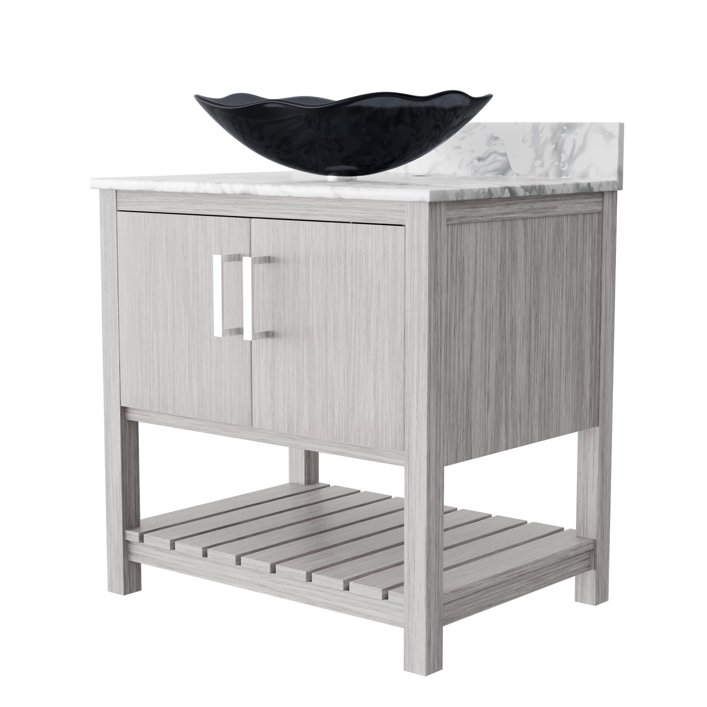 30-inch Novatto bath vanity with Carrara white marble counter and integrated sink, modern bathroom accessory with sleek design.