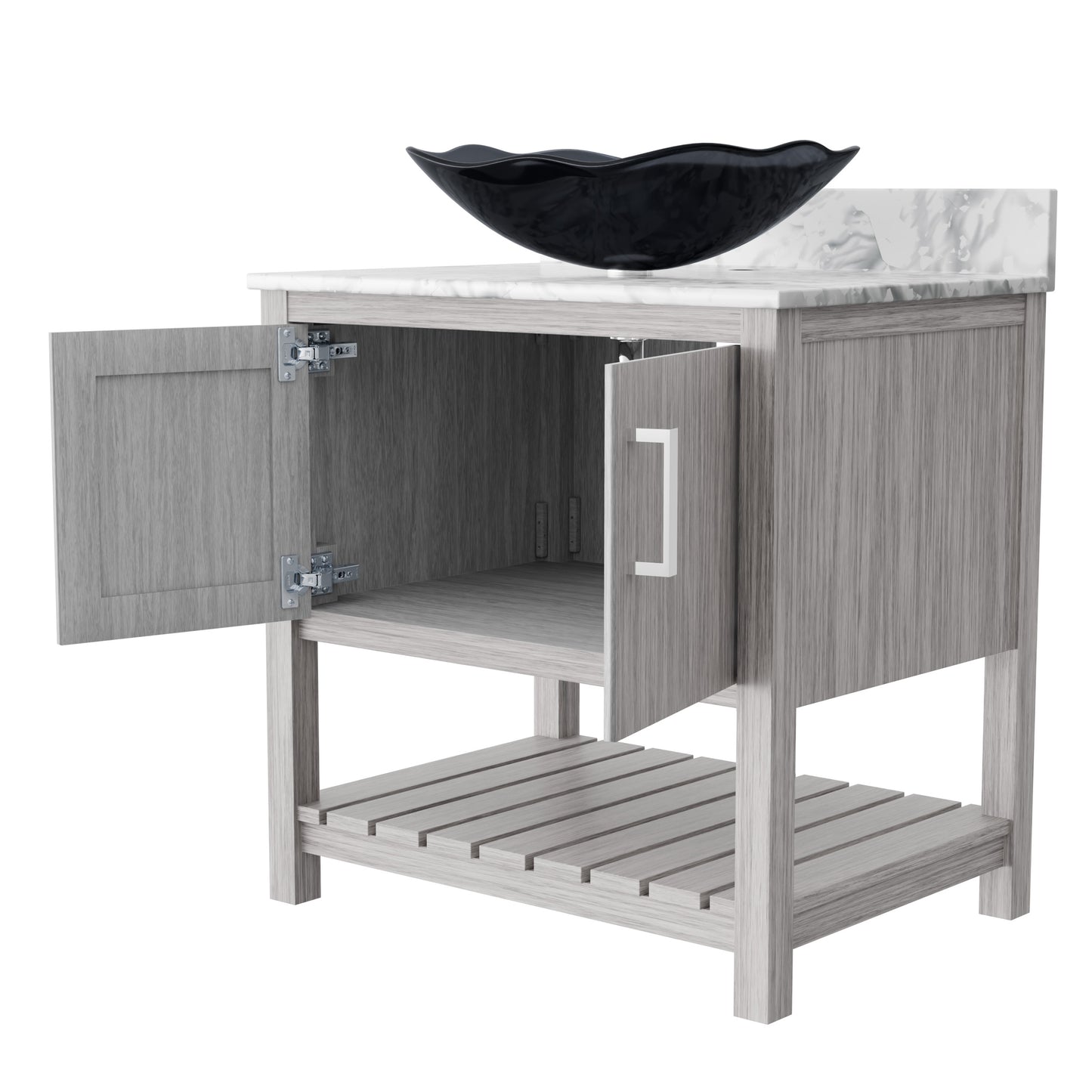 30-inch Novatto bathroom vanity with Carrara white marble countertop and integrated sink, showcasing a sleek, modern design.