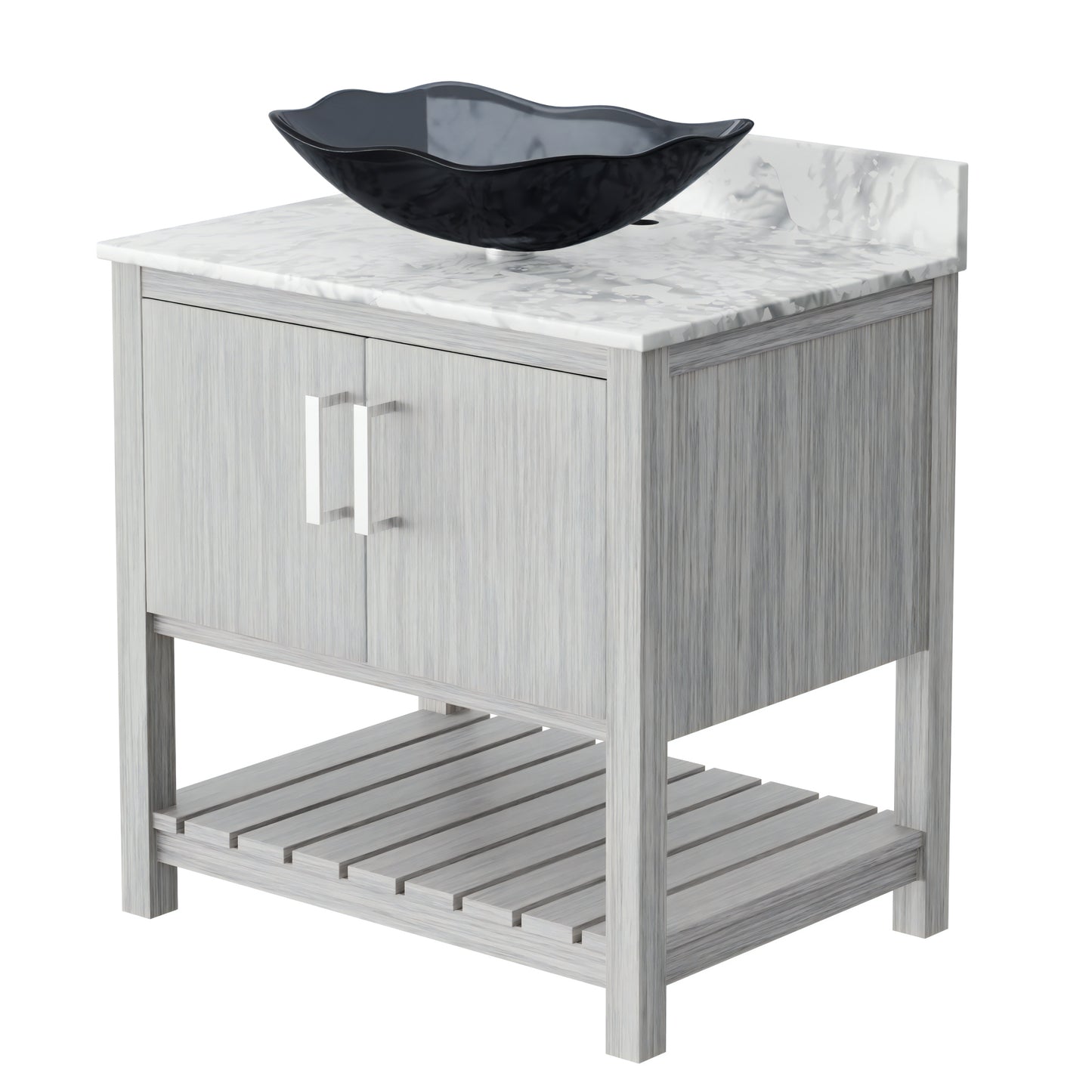 30-inch Novatto bath vanity with Carrara white marble counter and sink, showcasing elegant bathroom accessory design.