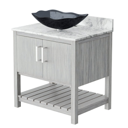 30-inch Novatto bath vanity with Carrara white marble counter and sink, showcasing elegant bathroom accessory design.