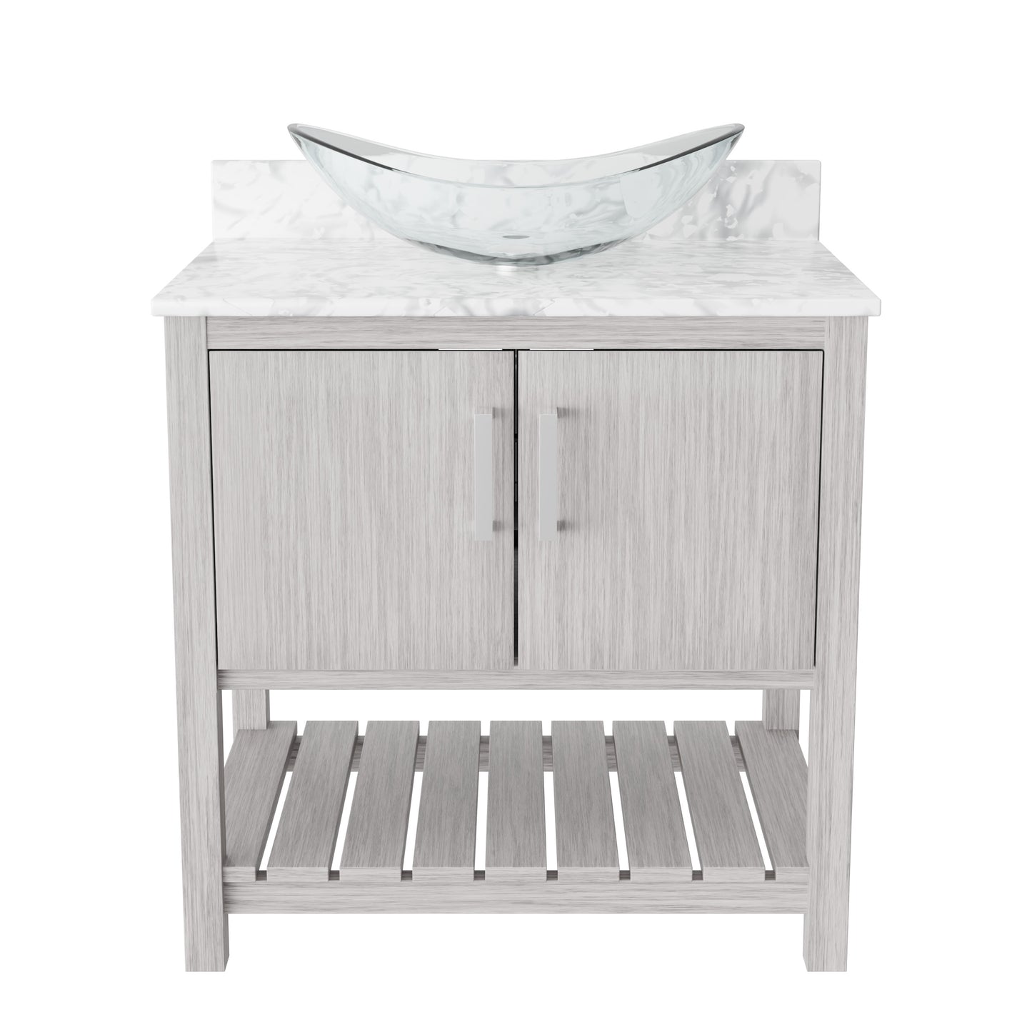30-inch Novatto bath vanity with Carrara white marble countertop and integrated sink, showcasing elegant bathroom accessory design.