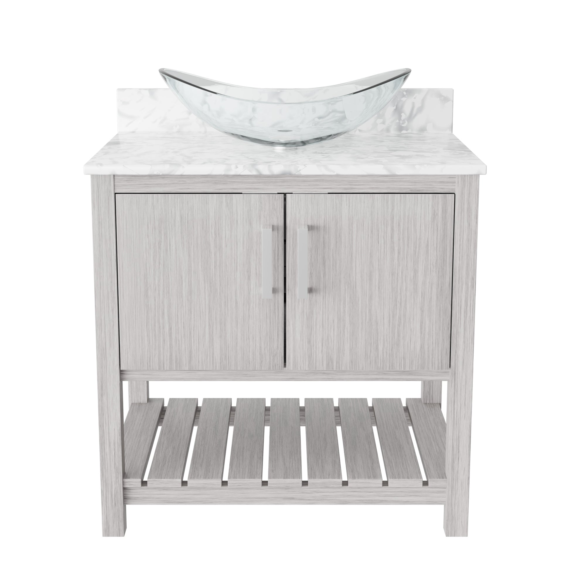 30-inch Novatto bath vanity with Carrara white marble countertop and integrated sink, showcasing elegant bathroom accessory design.
