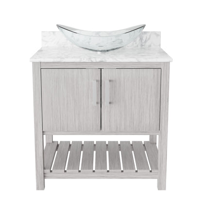 30-inch Novatto bath vanity with Carrara white marble countertop and integrated sink, showcasing elegant bathroom accessory design.
