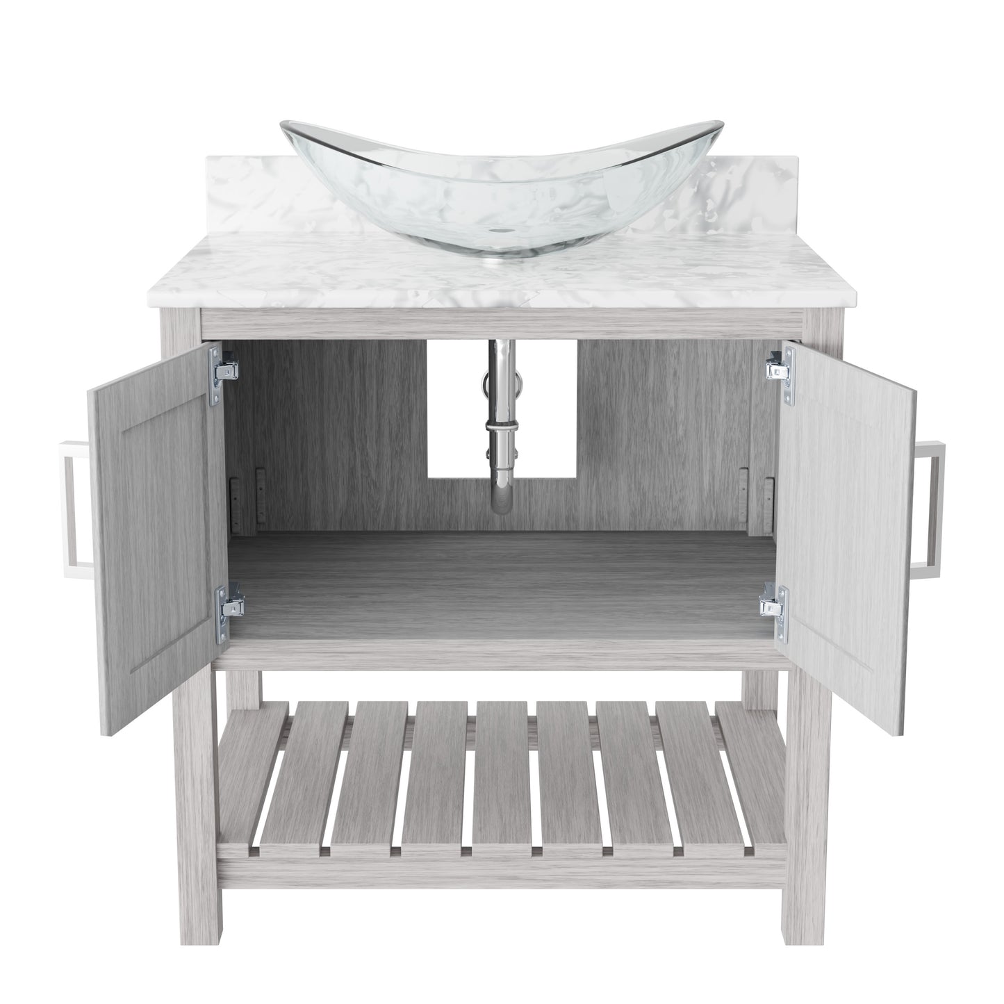 30-inch Novatto bath vanity with Carrara white marble countertop and sink, showcasing elegant bathroom fixture details.