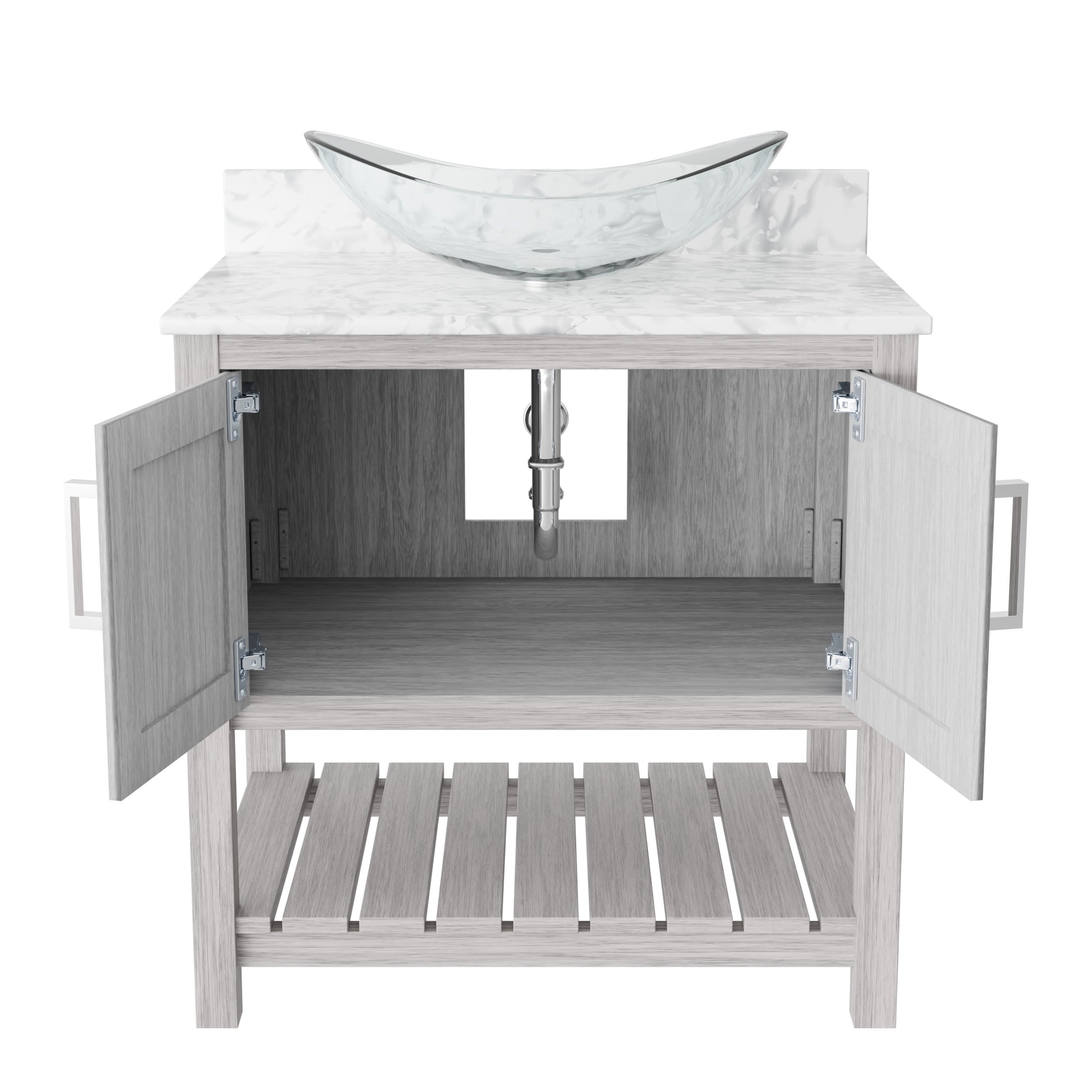 30-inch Novatto bath vanity with Carrara white marble countertop and sink, showcasing elegant bathroom fixture details.