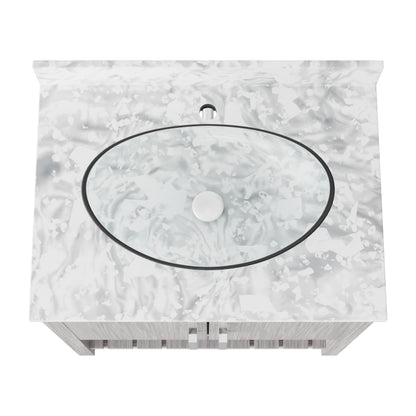 30-inch Novatto bath vanity with Carrara white marble counter and integrated sink, showcasing sleek design and elegant surface details.