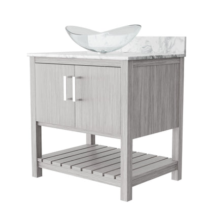 30-inch Novatto bathroom vanity with Carrara white marble counter and integrated sink, showcasing sleek design and elegant materials.