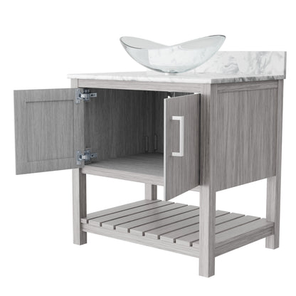 30-inch Novatto bath vanity with Carrara white marble counter and sink, showcasing a sleek bathroom accessory design.