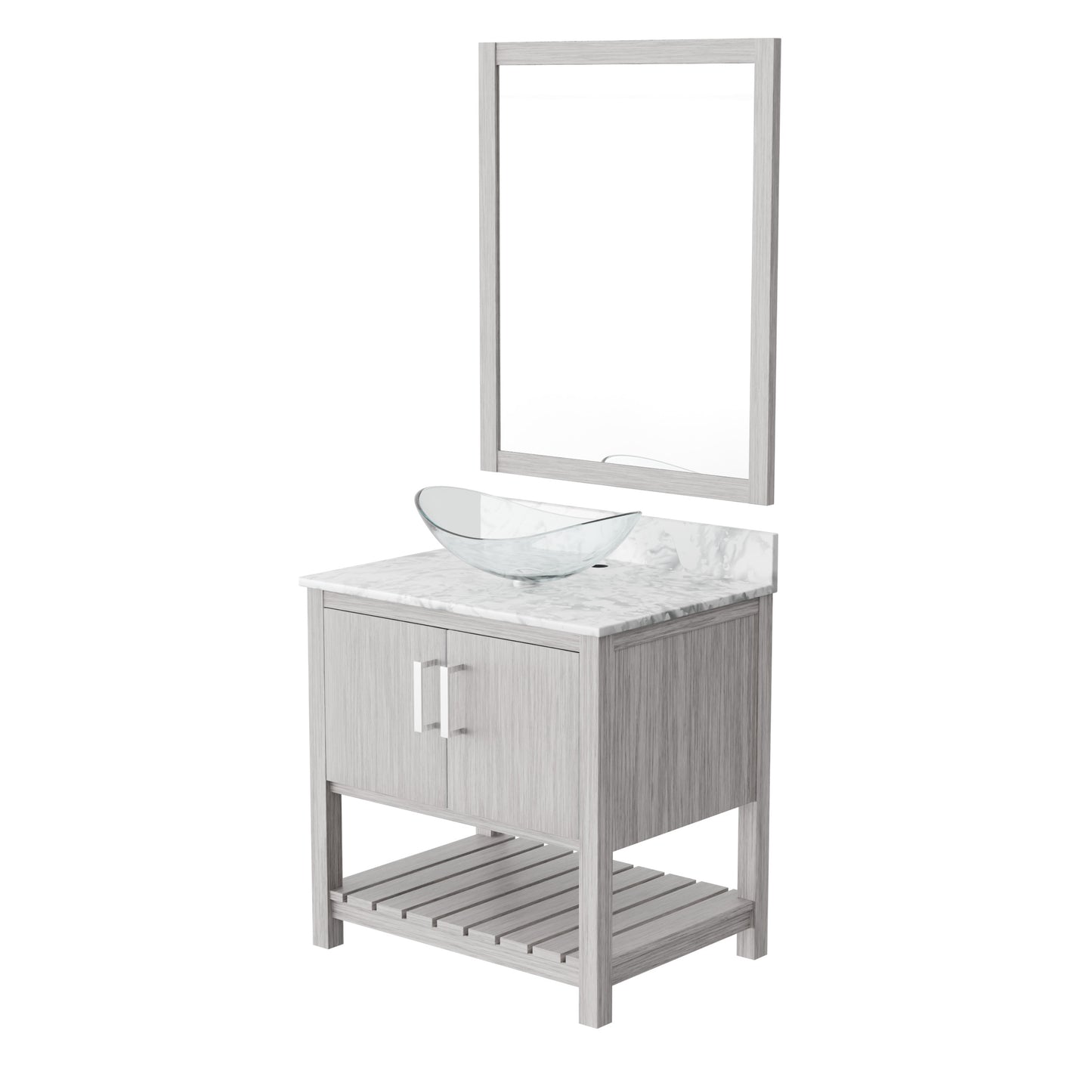 30-inch Novatto bath vanity with Carrara white marble counter and integrated sink, showcasing sleek bathroom accessory design.