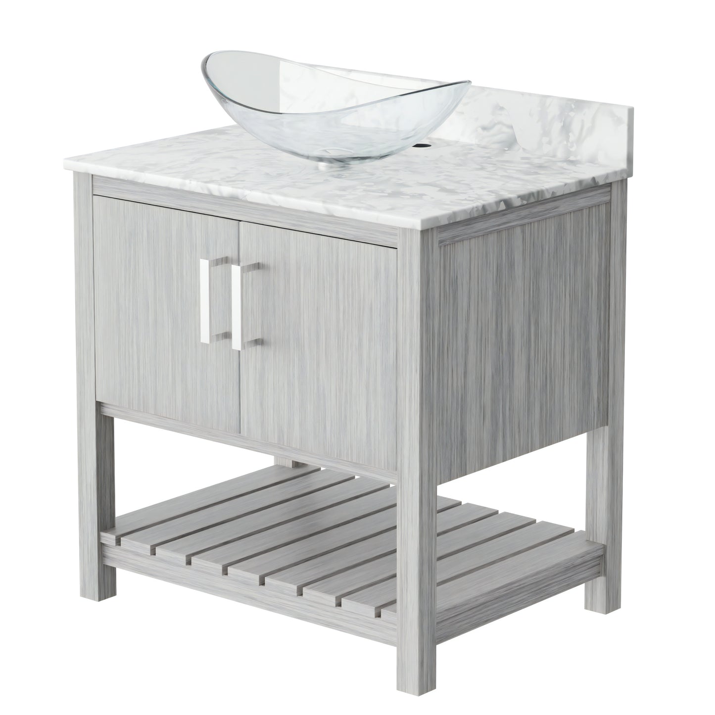 30-inch Novatto bath vanity with Carrara white marble countertop and integrated sink, showcasing a sleek bathroom accessory design.