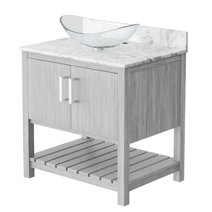 30-inch Novatto bath vanity with Carrara white marble countertop and integrated sink, showcasing a sleek bathroom accessory design.