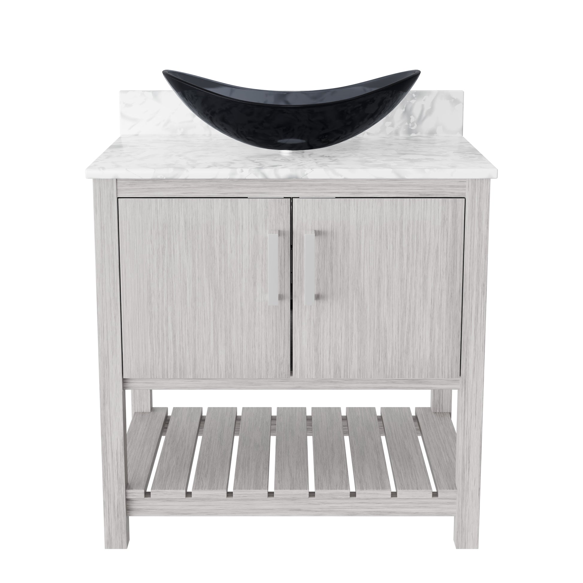 30-inch Novatto bath vanity with Carrara white marble countertop and integrated sink, showcasing a sleek bathroom accessory.