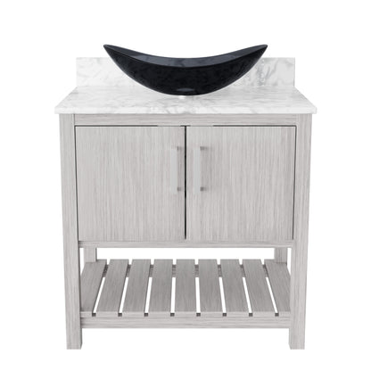 30-inch Novatto bath vanity with Carrara white marble countertop and integrated sink, showcasing a sleek bathroom accessory.