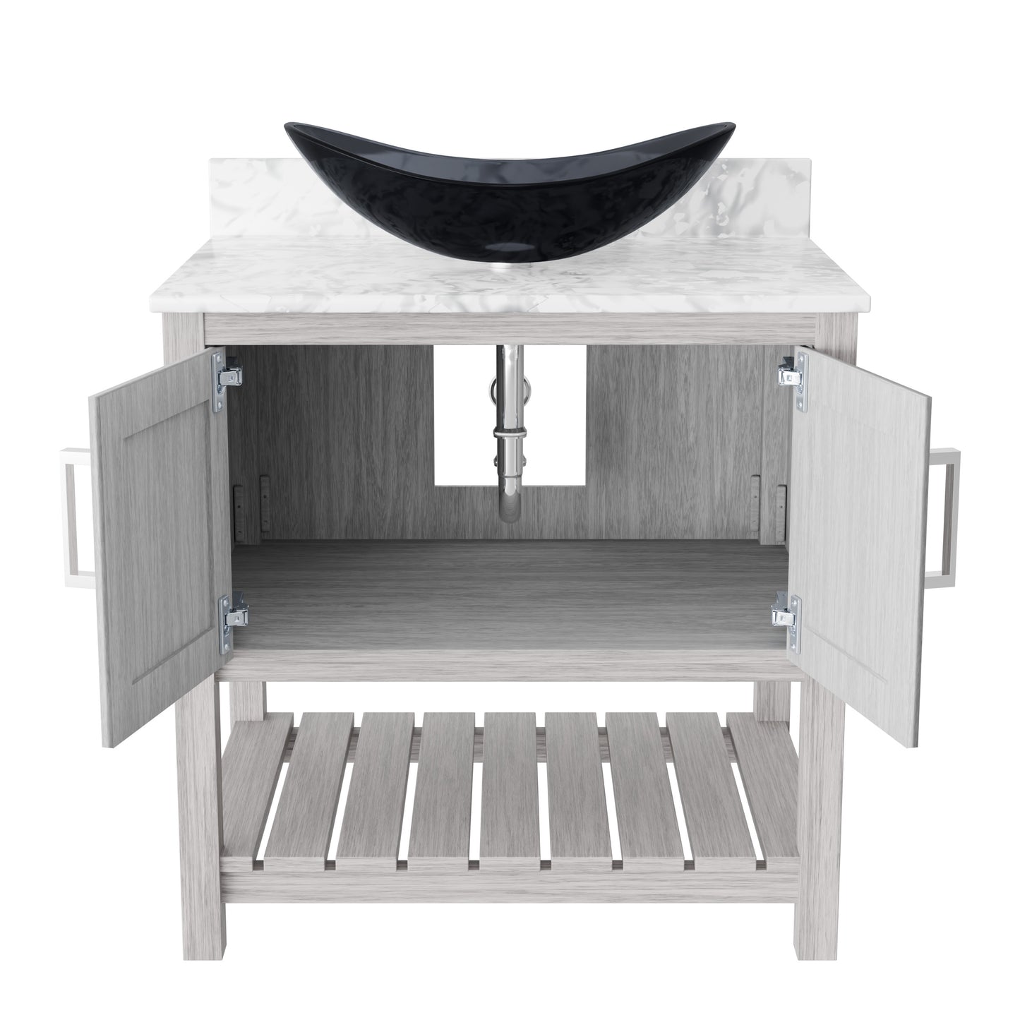 30-inch Novatto bath vanity with Carrara white marble countertop and sink, showcasing elegant bathroom accessory design.