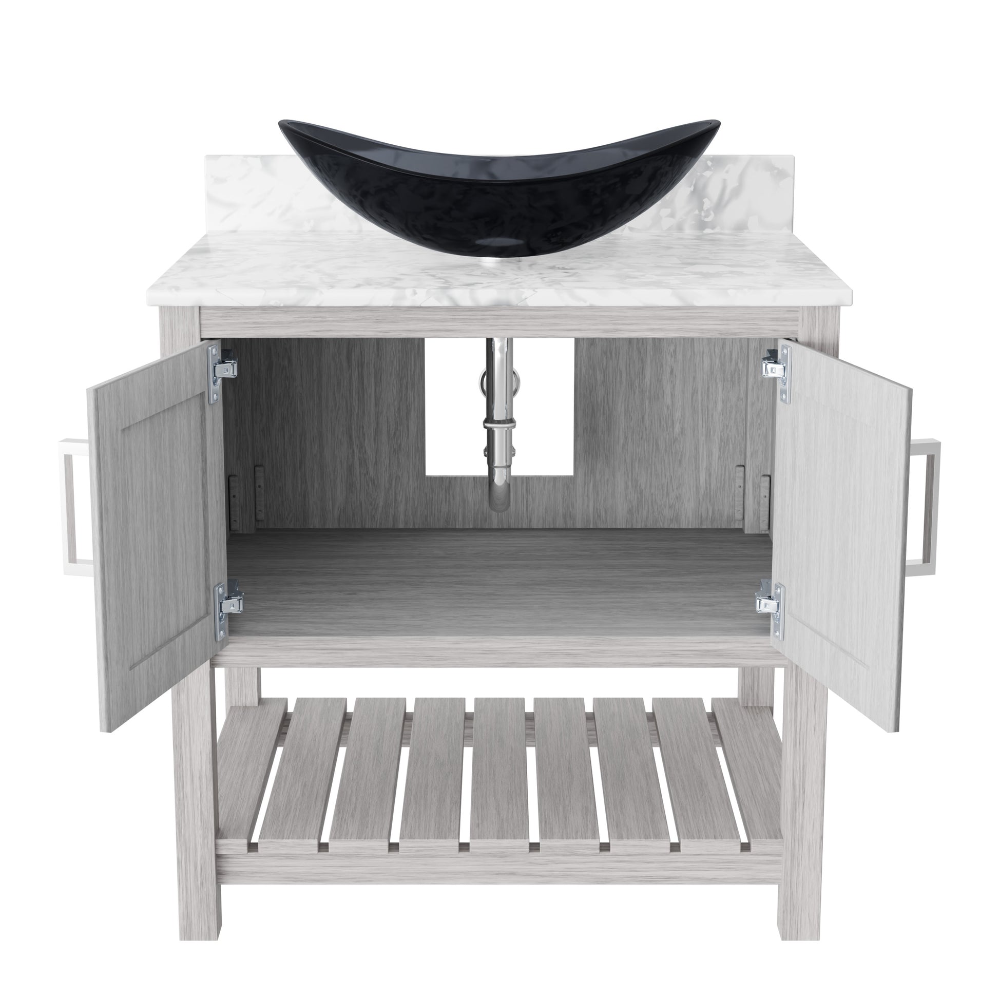 30-inch Novatto bath vanity with Carrara white marble countertop and sink, showcasing elegant bathroom accessory design.