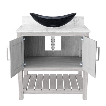 30-inch Novatto bath vanity with Carrara white marble countertop and sink, showcasing elegant bathroom accessory design.