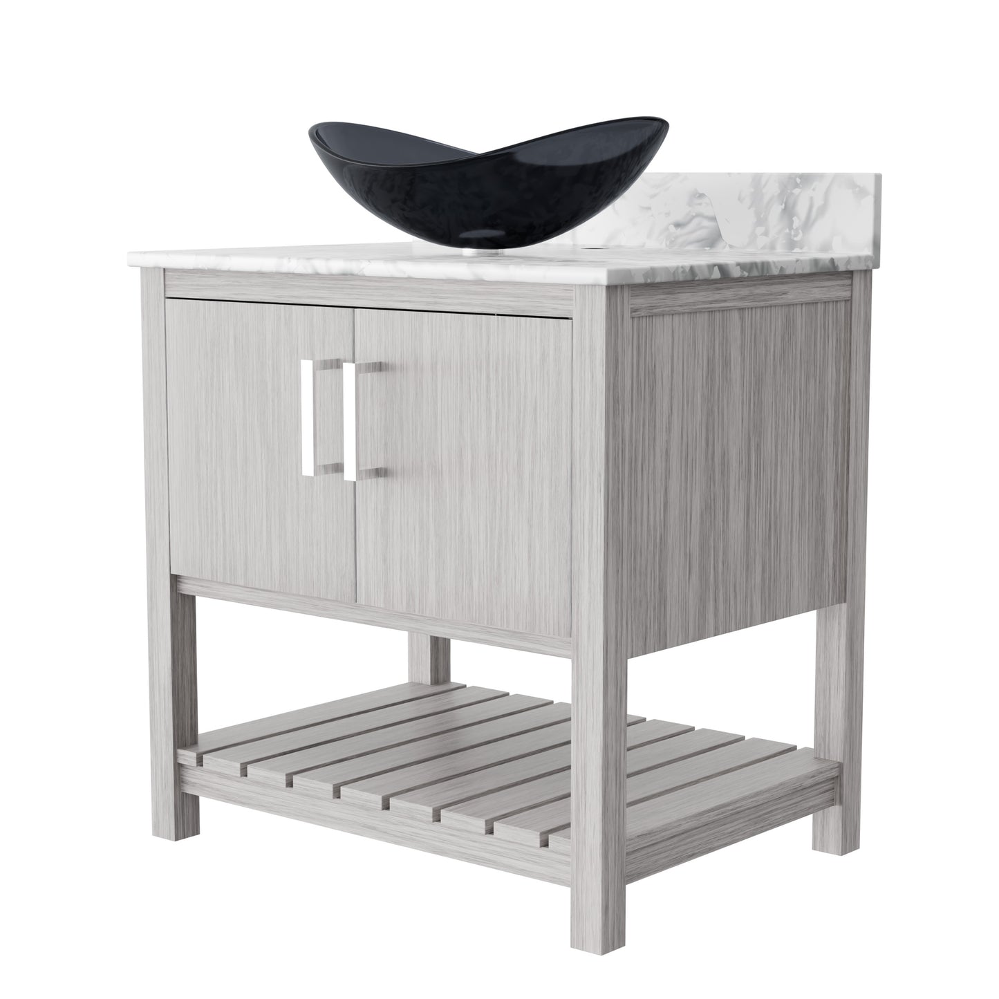 Novatto 30-inch bathroom vanity with Carrara white marble countertop and sink, modern bathroom accessory with sleek design.