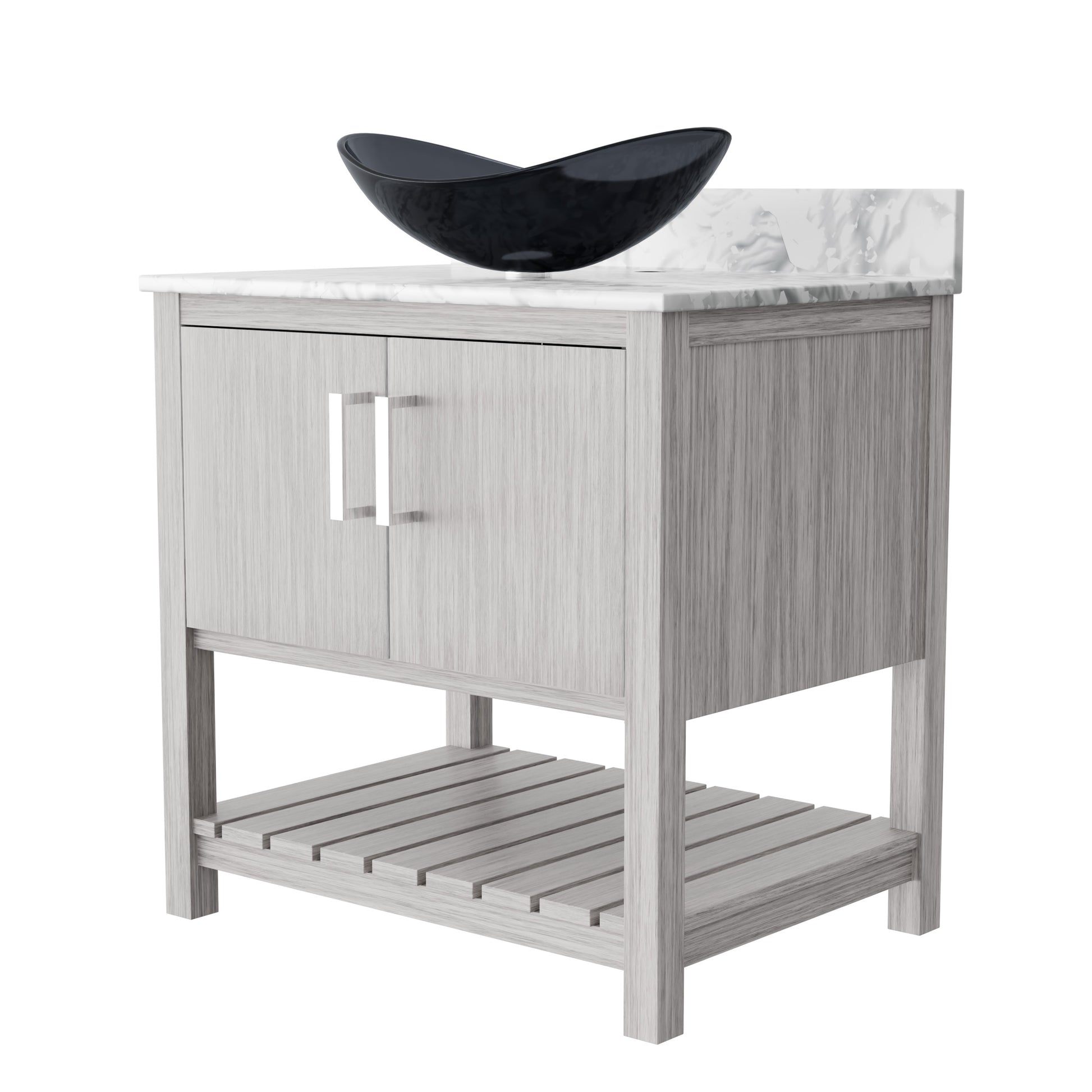 Novatto 30-inch bathroom vanity with Carrara white marble countertop and sink, modern bathroom accessory with sleek design.