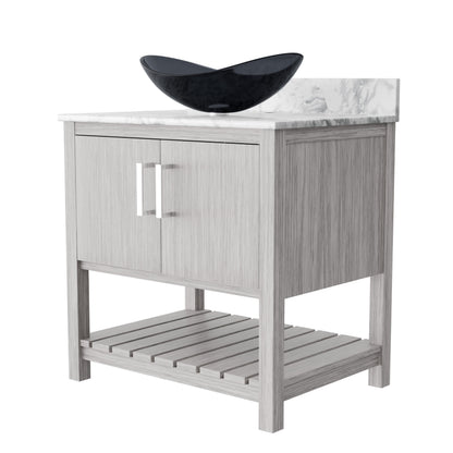 Novatto 30-inch bathroom vanity with Carrara white marble countertop and sink, modern bathroom accessory with sleek design.