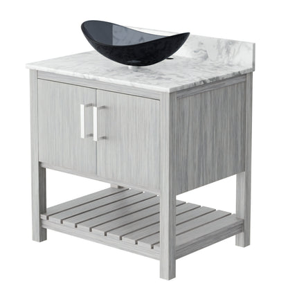 30-inch Novatto bath vanity with Carrara white marble counter and sink, showcasing a sleek bathroom accessory design.