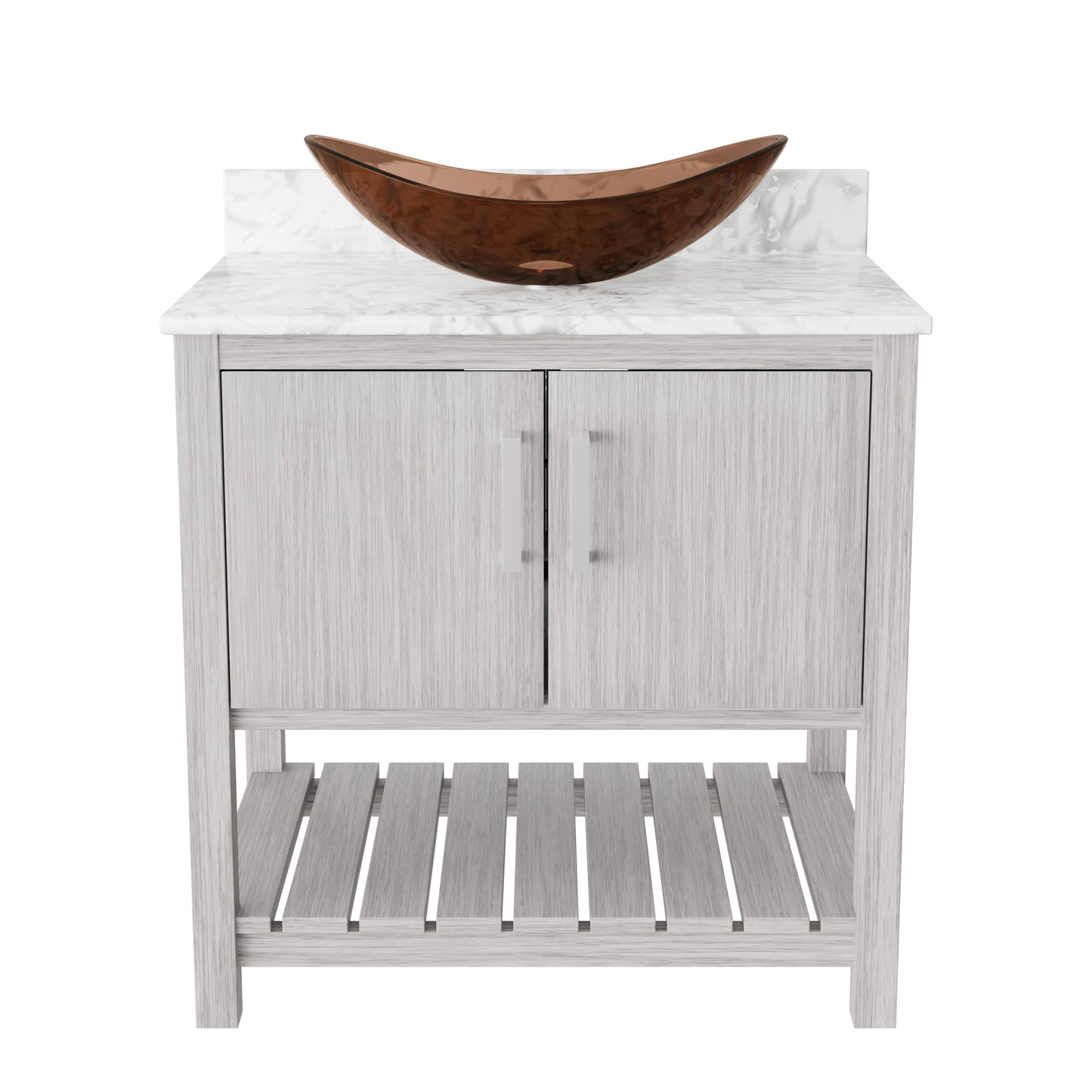Novatto 30-inch bath vanity with Carrara white marble counter and integrated sink, showcasing elegant bathroom accessory design.
