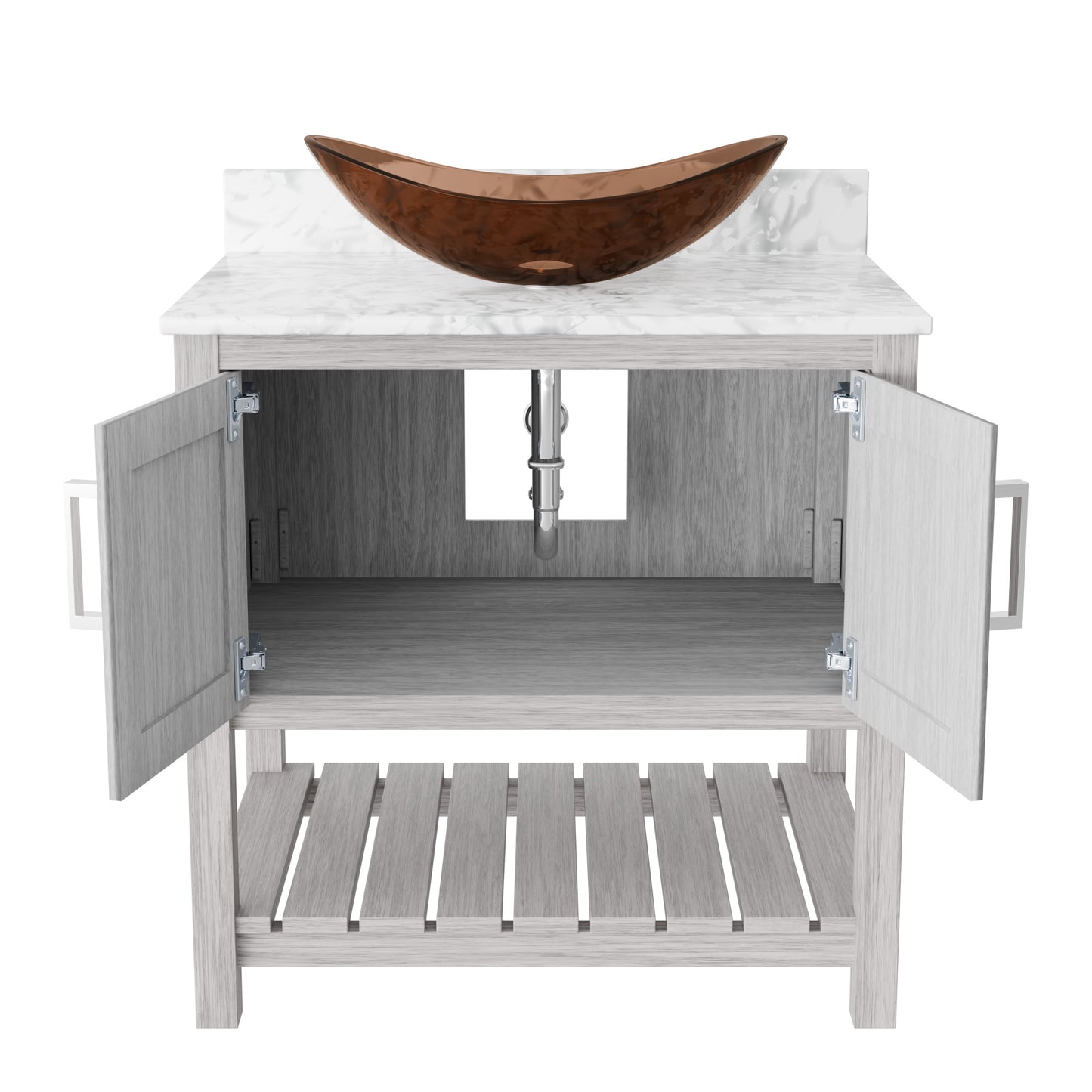 30-inch Novatto bath vanity with Carrara white marble counter and sink, showcasing sleek bathroom accessory design.