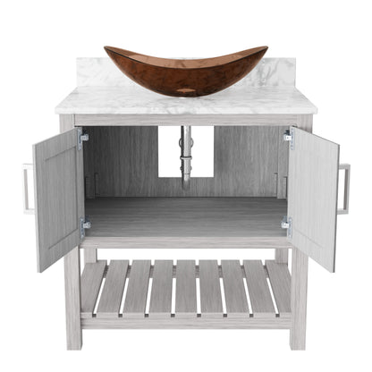 30-inch Novatto bath vanity with Carrara white marble counter and sink, showcasing sleek bathroom accessory design.