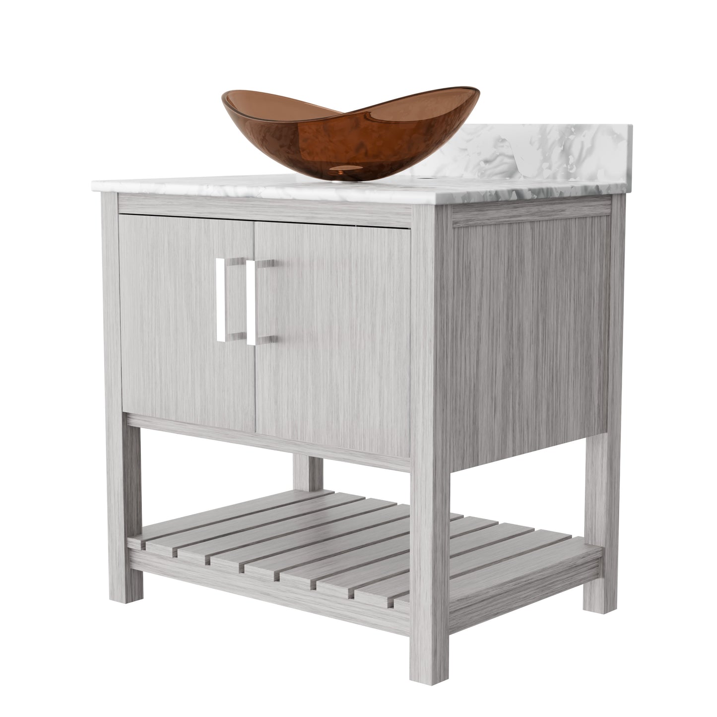 30-inch Novatto bath vanity with Carrara white marble countertop and integrated sink, showcasing sleek bathroom accessory design.