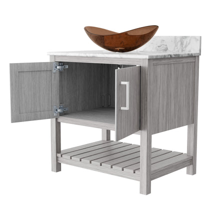 30-inch Novatto bath vanity with Carrara white marble countertop and sink, featuring modern accessory design and sturdy cabinet.