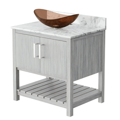 30-inch Novatto bath vanity with Carrara white marble countertop and integrated sink, shown from a front view.