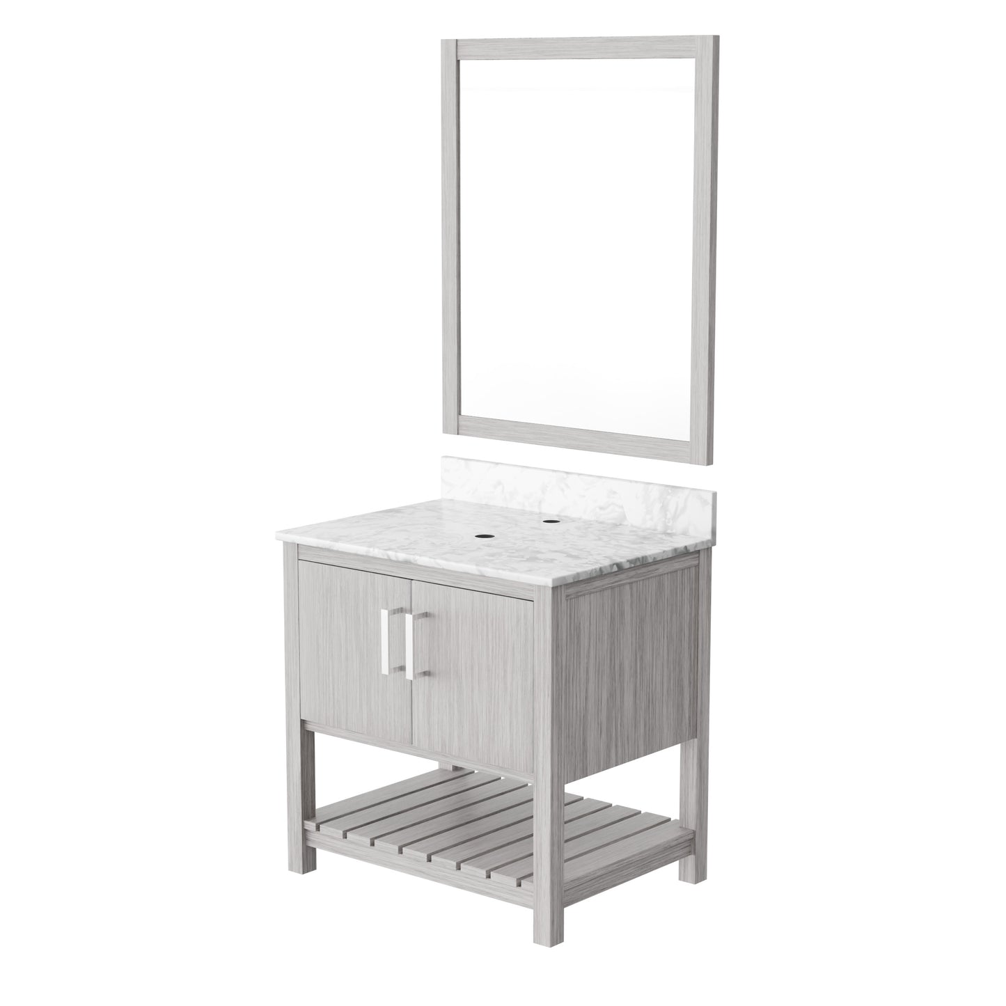 30-inch Novatto vanity with Carrara white marble countertop, featuring a sleek modern design and elegant surface details.