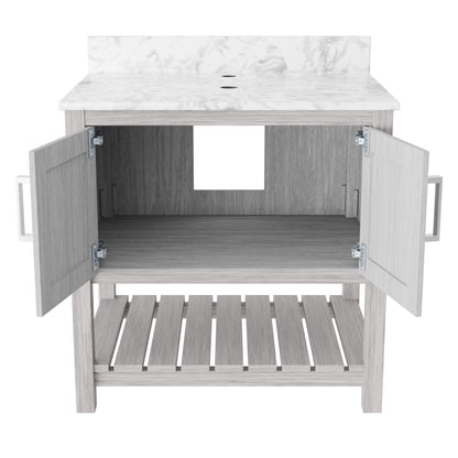 30-inch Novatto vanity with Carrara white marble countertop, showcasing modern bathroom furniture and elegant design details.