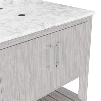 30-inch Novatto vanity with Carrara white marble counter, modern bathroom accessory with sleek design and elegant finish.