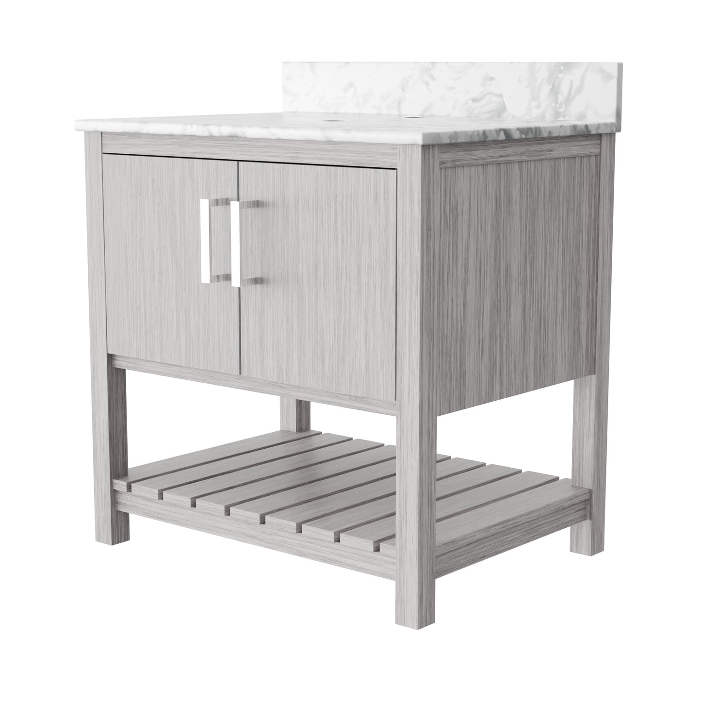 30-inch vanity with Carrara white marble counter by Novatto, featuring sleek design and modern bathroom accessory style.