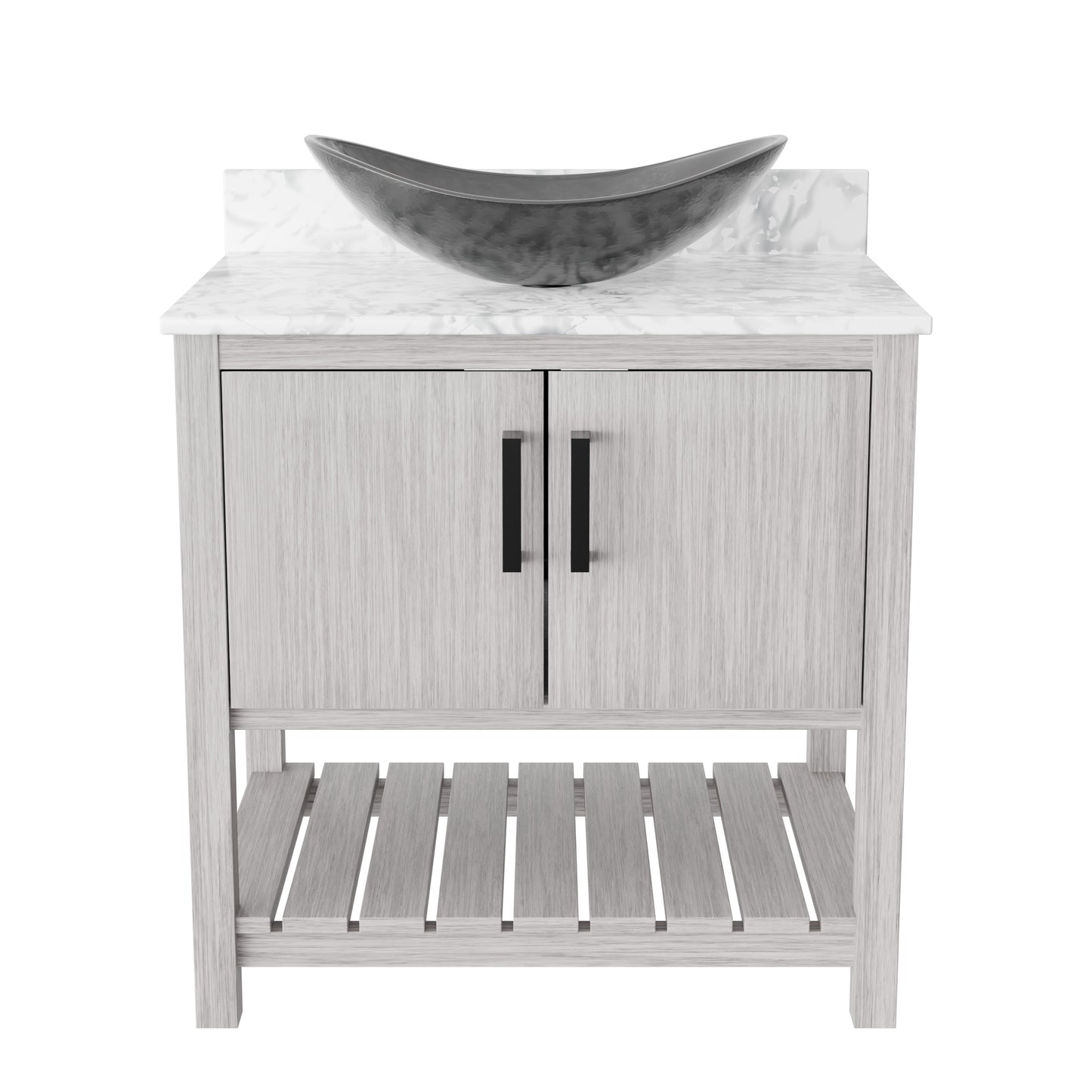 30-inch Novatto bath vanity with Carrara white marble counter and sink, showcasing sleek bathroom accessory design.
