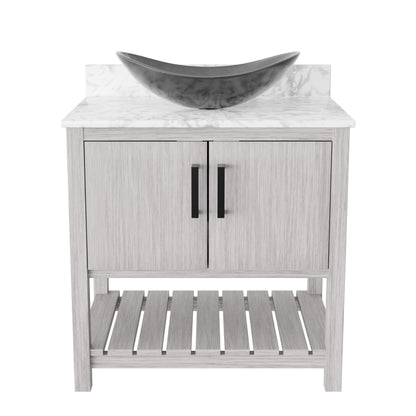 30-inch Novatto bath vanity with Carrara white marble counter and sink, showcasing sleek bathroom accessory design.
