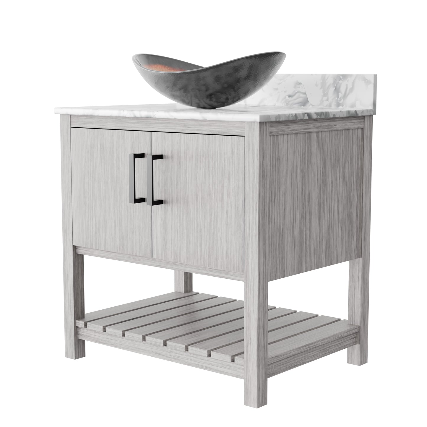 30-inch Novatto bath vanity with Carrara white marble countertop and sink, showcasing elegant bathroom accessory design.