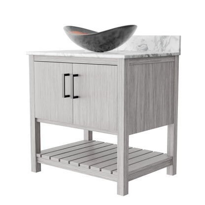 30-inch Novatto bath vanity with Carrara white marble countertop and sink, showcasing elegant bathroom accessory design.