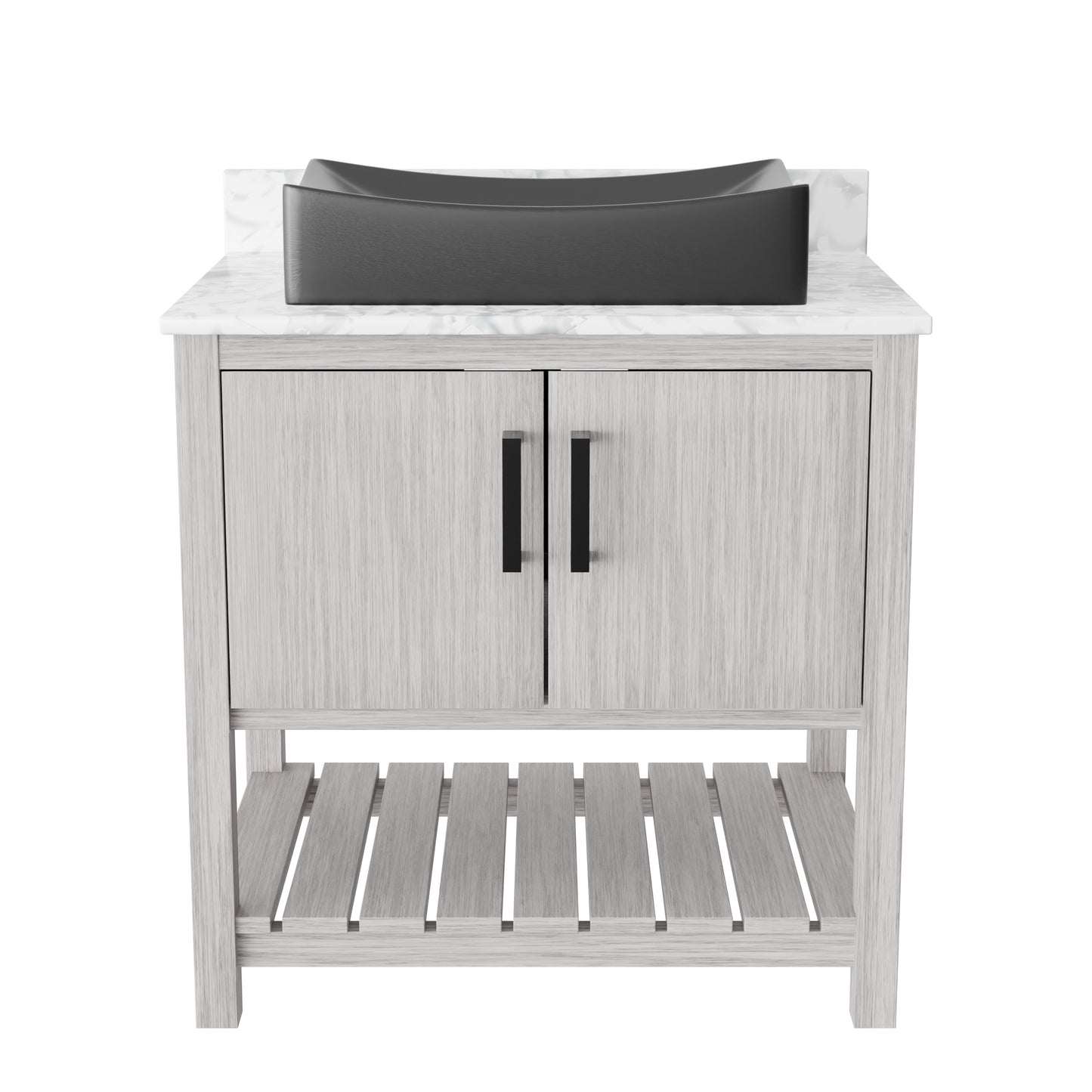 30-inch Novatto bath vanity with Carrara white marble counter and integrated sink, showcasing elegant bathroom accessory design.