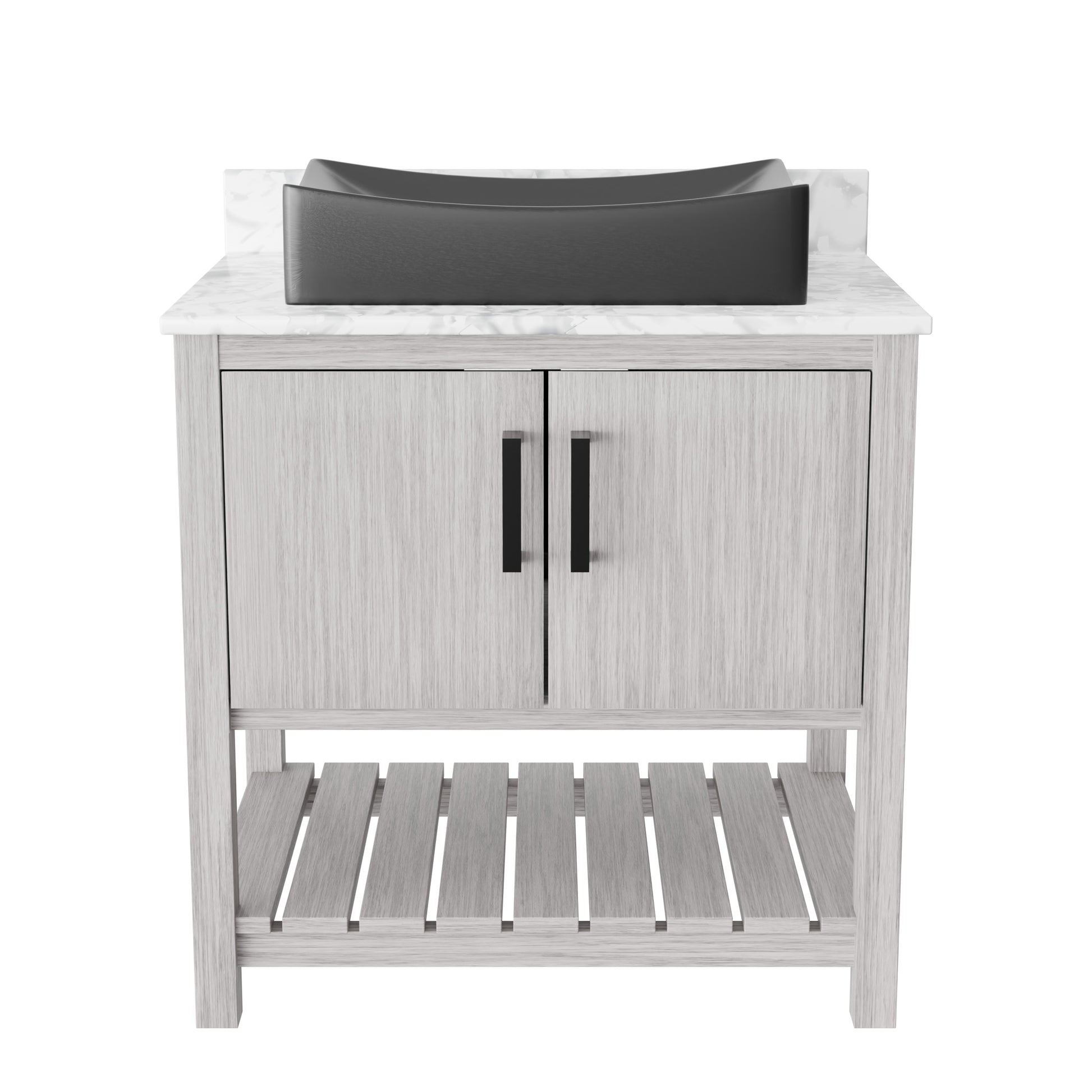 30-inch Novatto bath vanity with Carrara white marble counter and integrated sink, showcasing elegant bathroom accessory design.