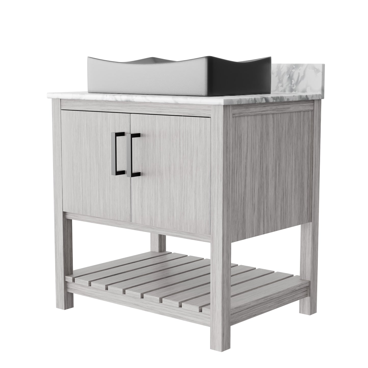 30-inch Novatto bath vanity with Carrara white marble countertop and integrated sink, showcasing elegant bathroom accessory design.