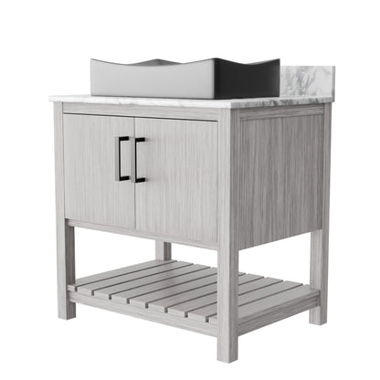 30-inch Novatto bath vanity with Carrara white marble countertop and integrated sink, showcasing elegant bathroom accessory design.