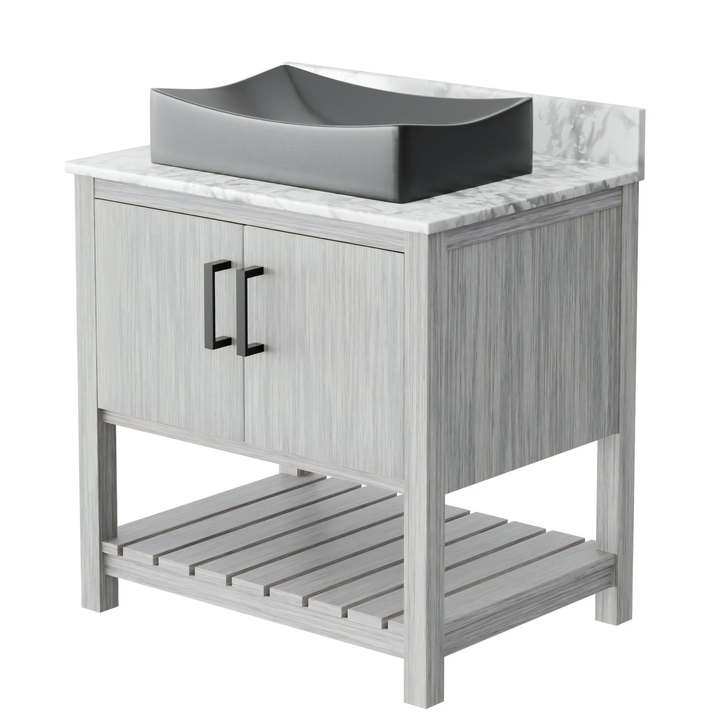 30-inch Novatto bath vanity with Carrara white marble countertop and sink, showcasing elegant bathroom accessory design.